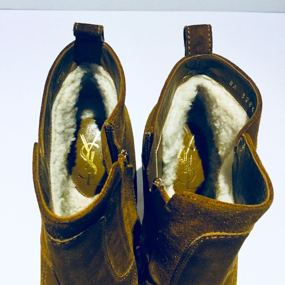 YVES SAINT LAURENT SUEDE “ TRIBUTE 105 ” TALL PLATFORM ANKLE BOOTS. - Picture 7 of 10